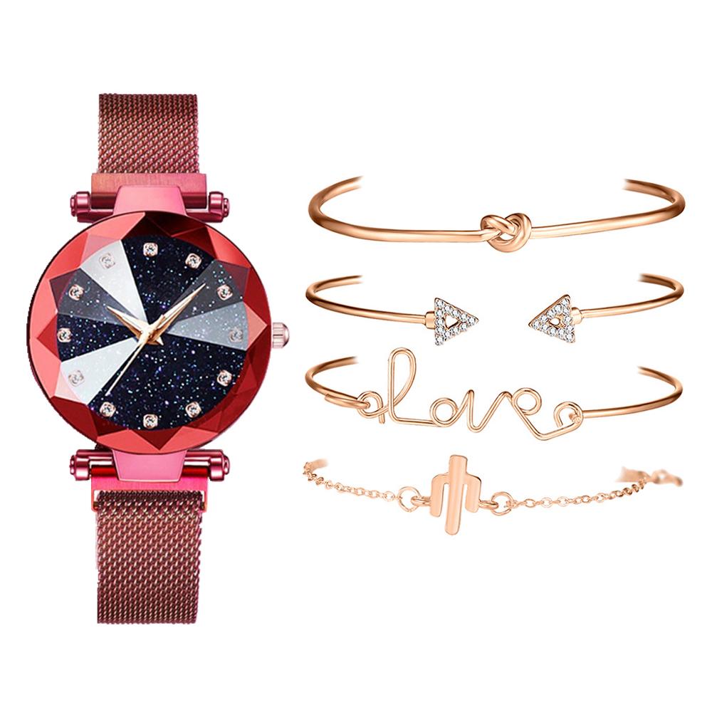 Set de 5 uds de relojes de pulsera de lujo para mujer con de cielo estrellado y rosa dorado con imán y hebilla, reloj de pulsera de , reloj sencillo para mujer: Rojo