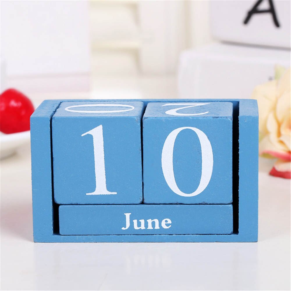 1pc vintage trä advent bord skrivbord kalender trä block planer permanent skrivbord arrangör agenda evig kalender heminredning: Blå