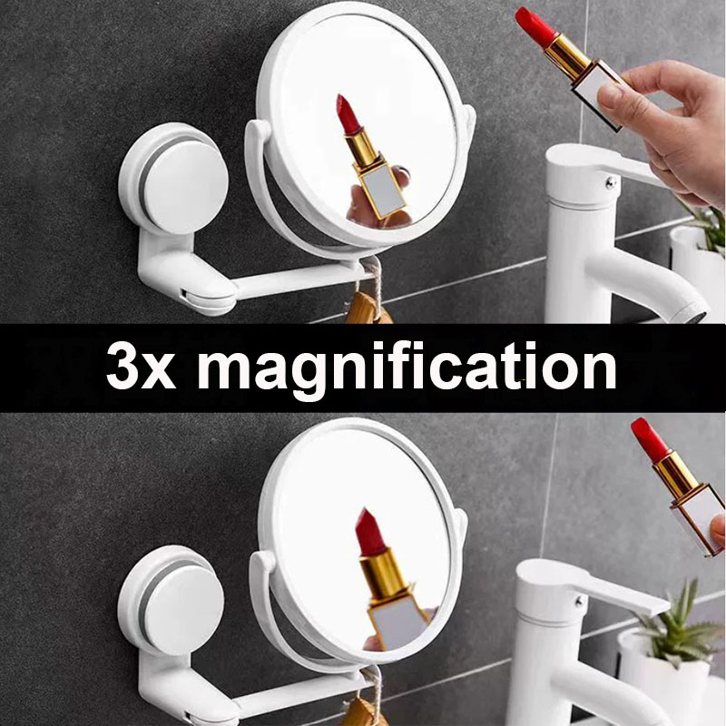 Espejo de baño sin taladro montado en la pared, 360 ° Espejo de tocador plegable giratorio de doble cara para organizador de maquillaje de dormitorio (blanco)