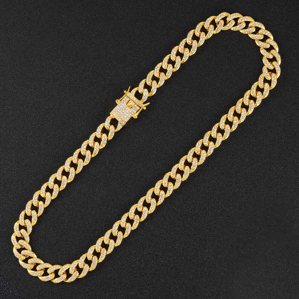 Hip Hop Iced Out Verharde Rhinestones 13Mm Chain Man Zilveren Kleur Iced Out Miami Cubaanse Ketting Bling Mannen Rapper kettingen Voor Mannen: Gold necklace / 30inch Necklace