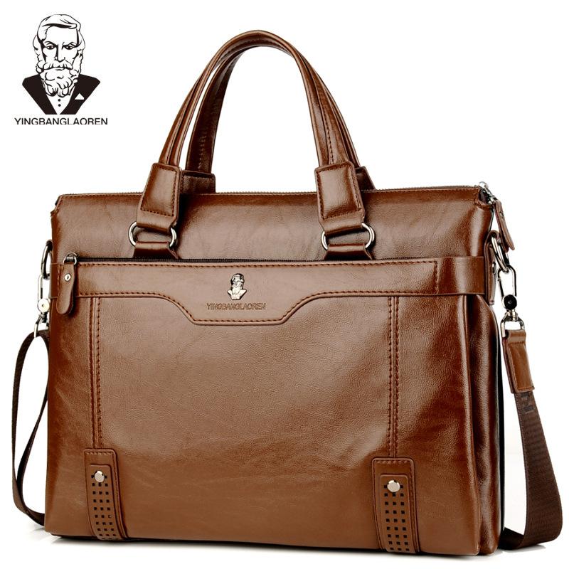 men's leather briefcase vintage business bag handbag men computer messenger bags man shoulder bag postman male Handbags: Khaki