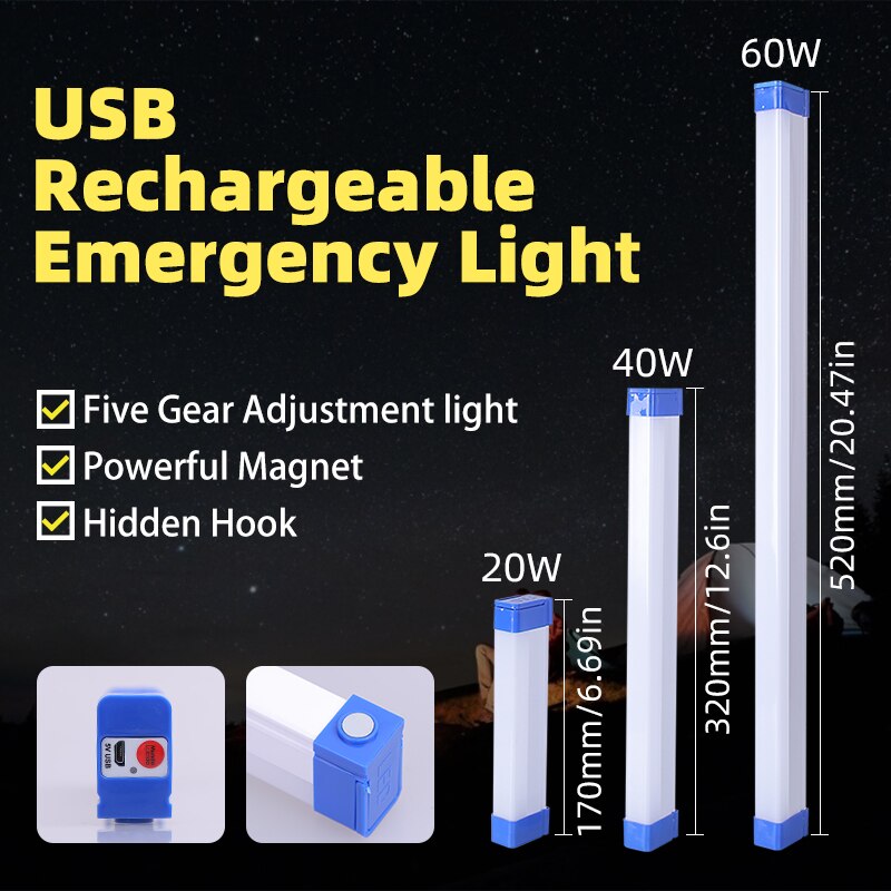 Outdoor Camping Led Light Charging Night Market Stall Lamp Wiring Free Rechargeable Wall Lamp 20/40/60W Portable Tube For Home