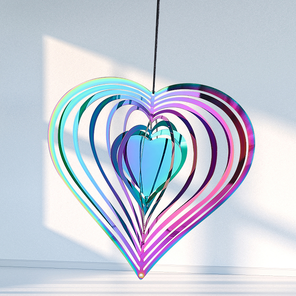 Colorful Heart Wind Spinner 3D Rotating Wind Catcher Flowing Love Windchime Garden Yard Hanging Decor Reflection Bird Repellent