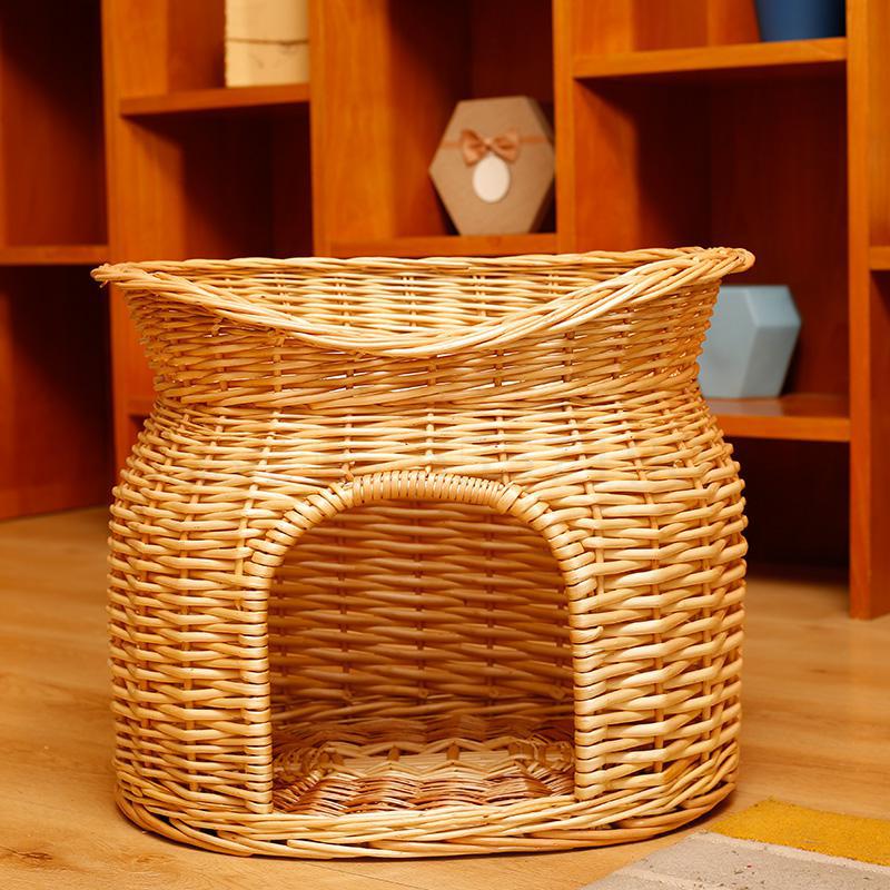 Nido de gato de verano de ratán, casa de gato universal para las cuatro estaciones, casa de campo, jaula de gato de doble capa, suministros de gatos extraíbles, nido de perro: 60x45x48cm  1