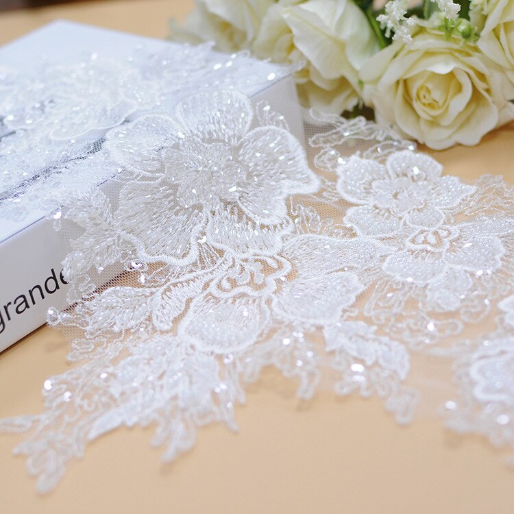 15CM Heavy Beading Lace Trim IVORY 1 Yard Wedding Dress Sewing Lace with Beads Shiny!