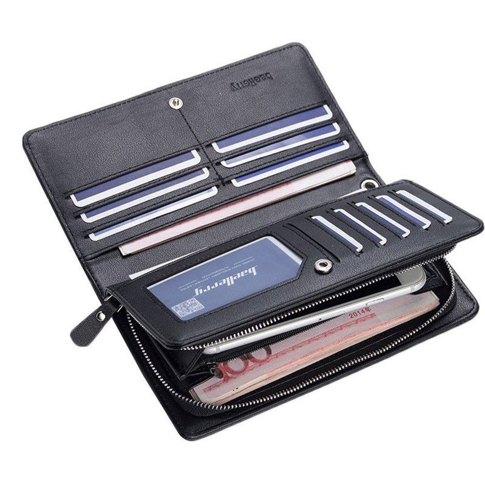 Herenportemonnee met grote capaciteit, lange, effen kleur, retro, klassiek pu-leer, kaarthouder