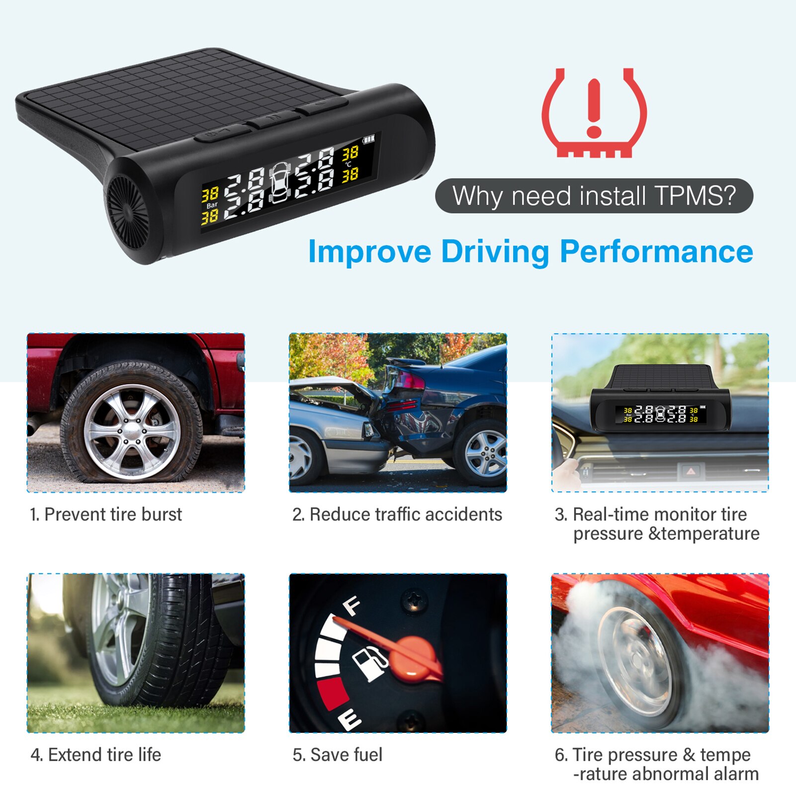 Car TPMS Tire Pressure Monitoring System Car Wireless Alarm System TPMS, 4 External Sensors, Tire Pressure & Temperature Display