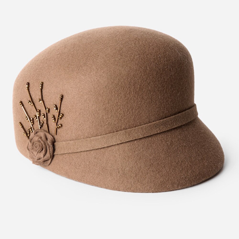 FS 2021 inverno caldo feltro di lana da donna cappellino da strillone cappelli berretto da donna coreano cappello a visiera pittore cappellini con accessori di fiori di lana: marrone