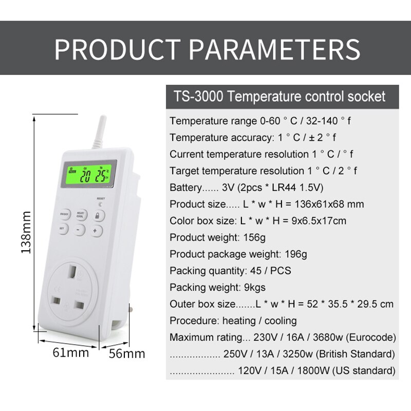 Programmable wireless plug-in thermostat with built-in temperature sensor remote control electric thermostatic control socket