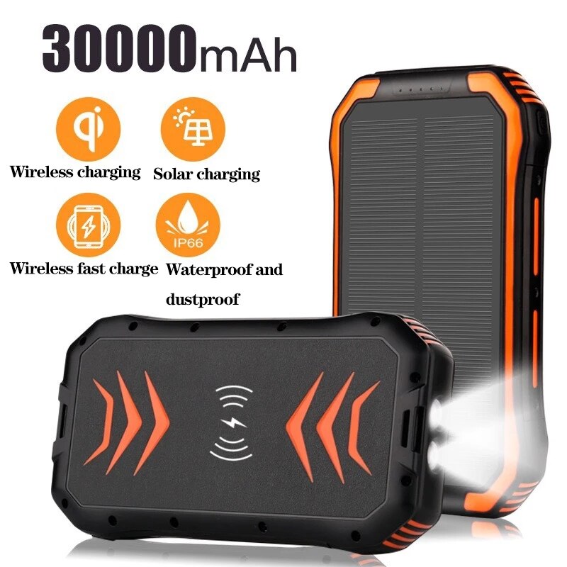 30000mAh Solar Power Bank Fast Qi Wireless Charger For Powerbank External Battery Portable Poverbank Flashlight