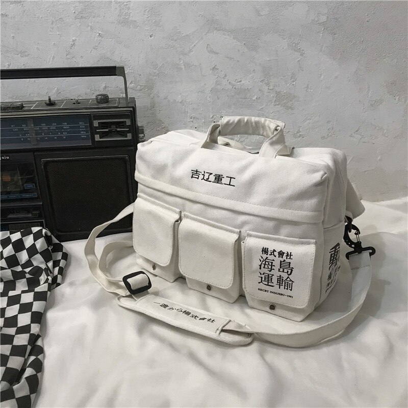 Techwear Canvas Brief Print Hip Hop Schoudertassen Japan Stijl Meerdere Zakken Messenger Pakket Reizen Casual Mannen Tas Handtas