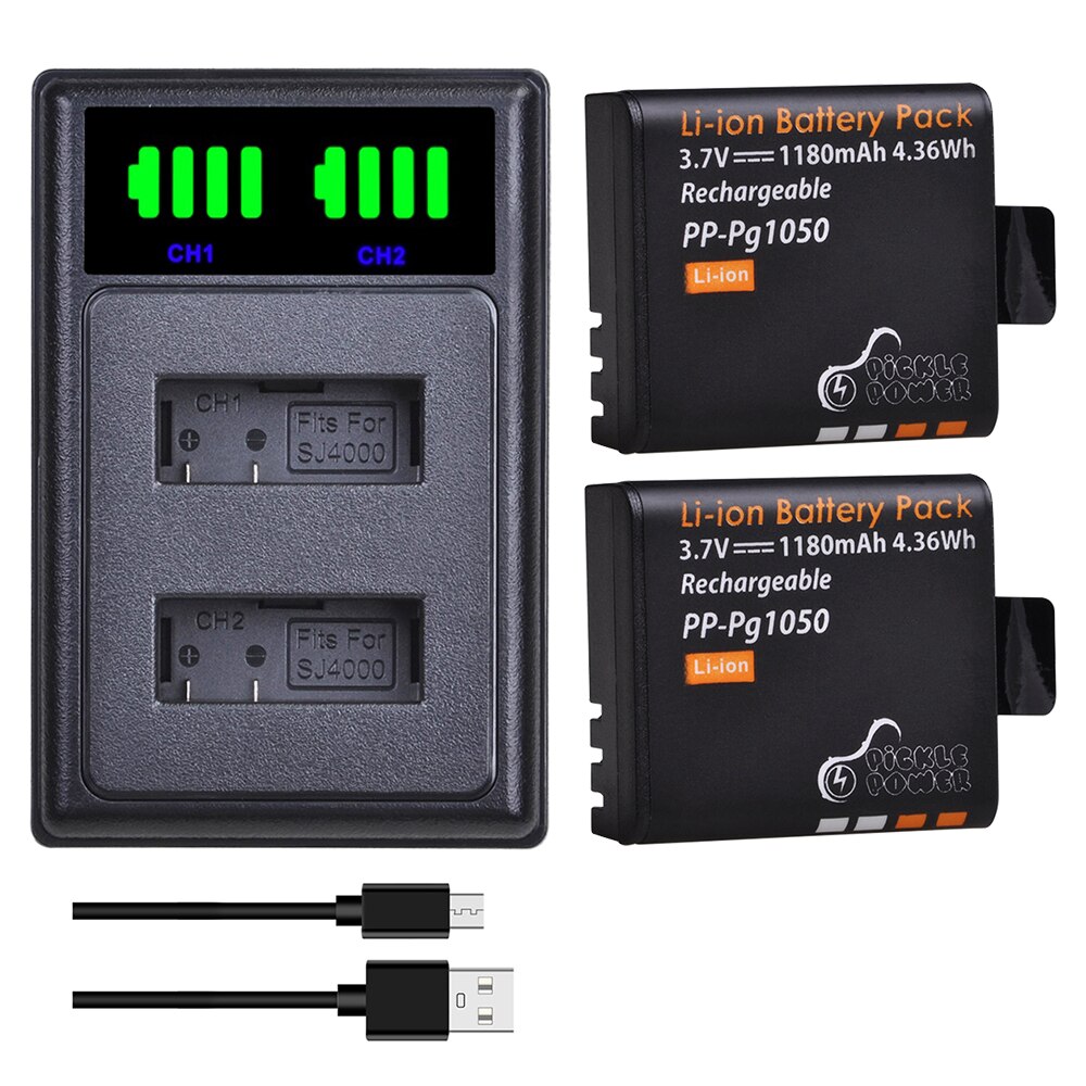 PG1050 Kit de cargador de batería para la cámara SJCAM SJ4000 SJ5000 SJ5000X SJ6000 SJ8000 M10 EKEN 4K H8 H8R H9 H9R GIT-LB101 GIT PG900 batería: Charger and 2Battery