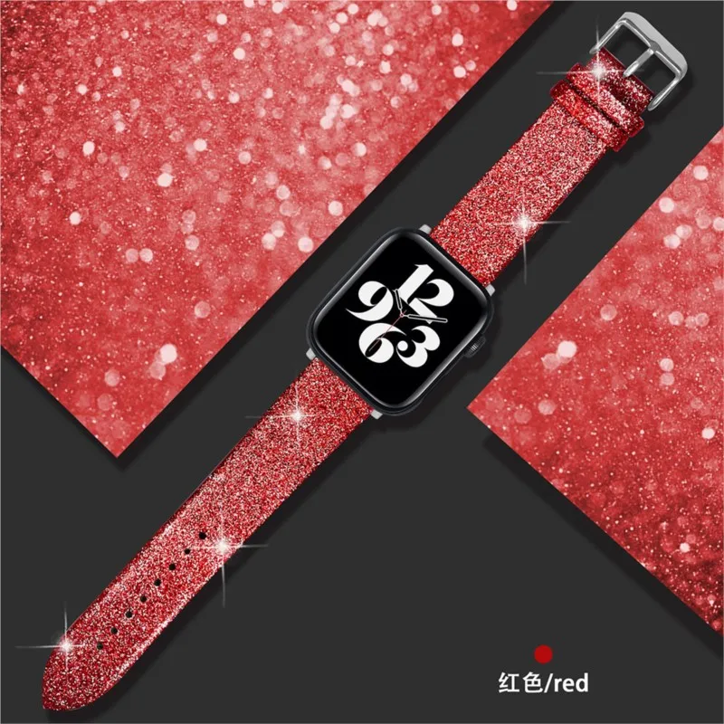 Glitter Leather Strap for Apple Watch Band 44mm 40mm 42/46mm Ultra2 49mm 41mm 45mm sport Bracelet iWatch Series 10 9 8 7 8 6 5 4: S / Purple Green