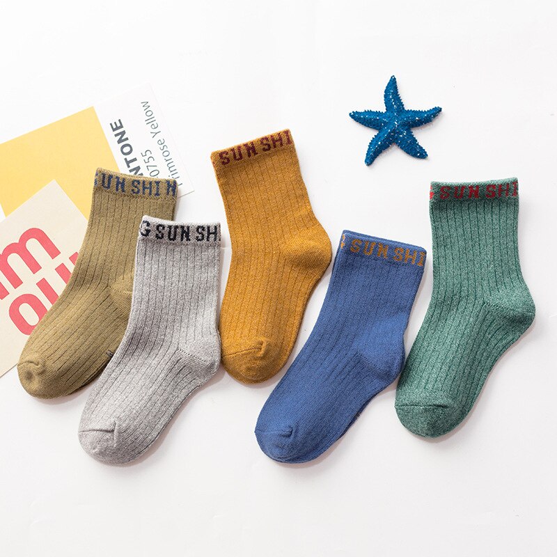 5 Paare Frühling Herbst freundlicher Socken Für Jungen Mädchen Einfache Feste Farbe Vertikale Streifen Baumwolle Alphabet Sport Socken: Jungen / XL(9-12 Jahre)