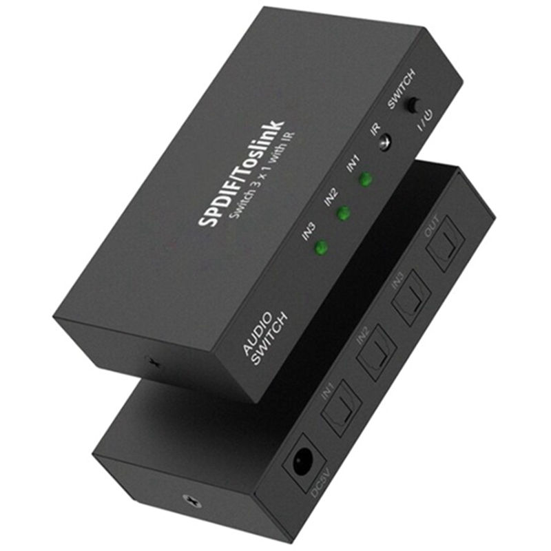 3 Port Optical Switcher Splitter 3 in 1 Out, with 2 Way Spdif Toslink Optical Splitter/IR Remote Control Optical US Plug