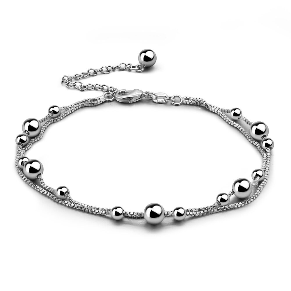 Tobilleras para mujeres de Plata de Ley 925 a la . Cadenas de cuentas redondas dobles de plata maciza. Tobilleras para chica de plata de ley auténtica: box chain