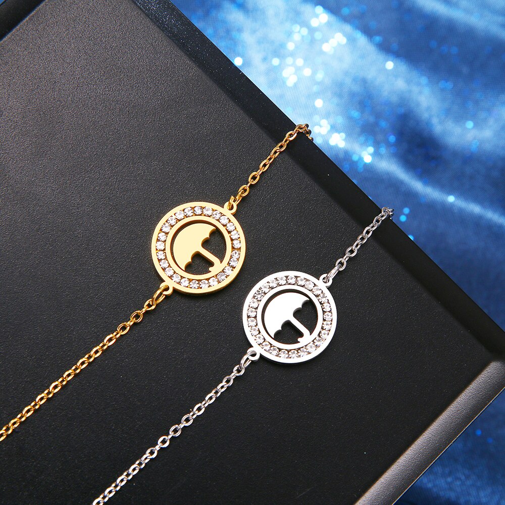 CACANA 316L Stainless Steel For Women Crystal Bracelet Simple Umbrella Round Bracelets Gold Color Engagement Jewelry