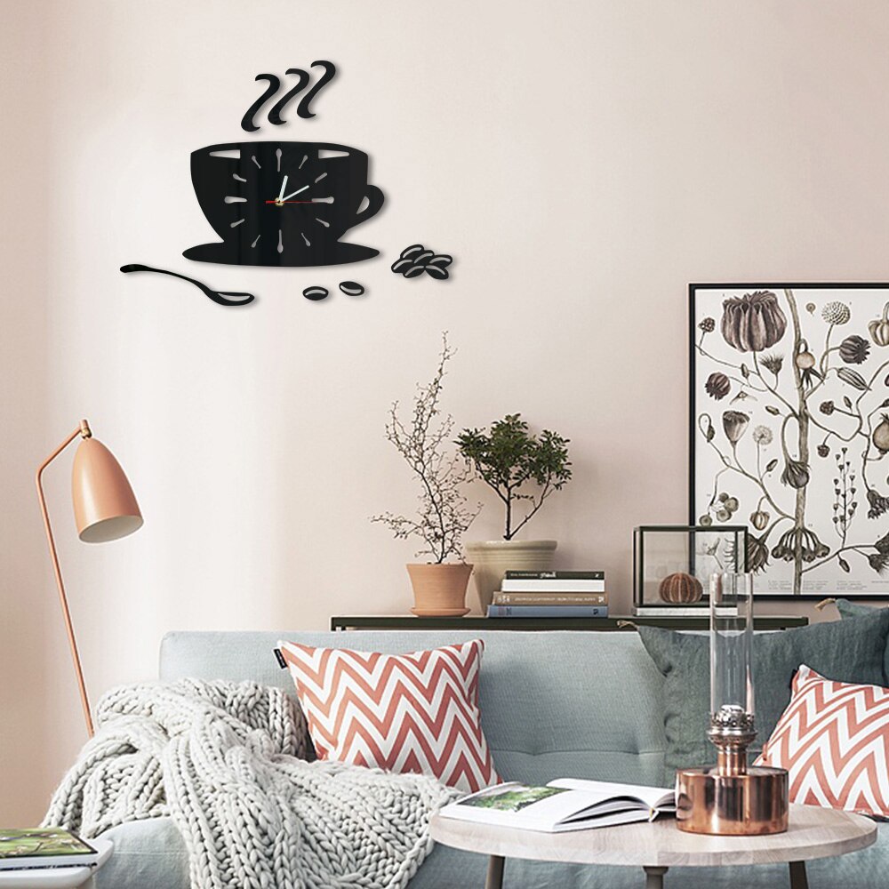 Tazza di caffè bar Negozio Moderna di Arte Della Parete FAI DA TE Orologio Da Parete Chicchi di Caffè Acrilico Effetto Specchio Orologio Appeso Orologio Casa di Caffè arredamento