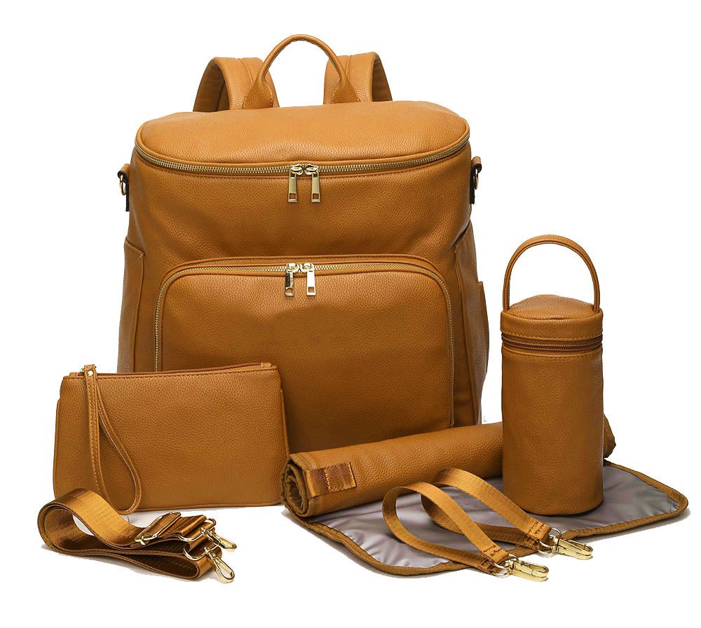 Læder bleetaske rygsæk, rejsetaske, bleetaske med klapbøjle | termiske lommer | justerbare skulderstropper |: Kamel