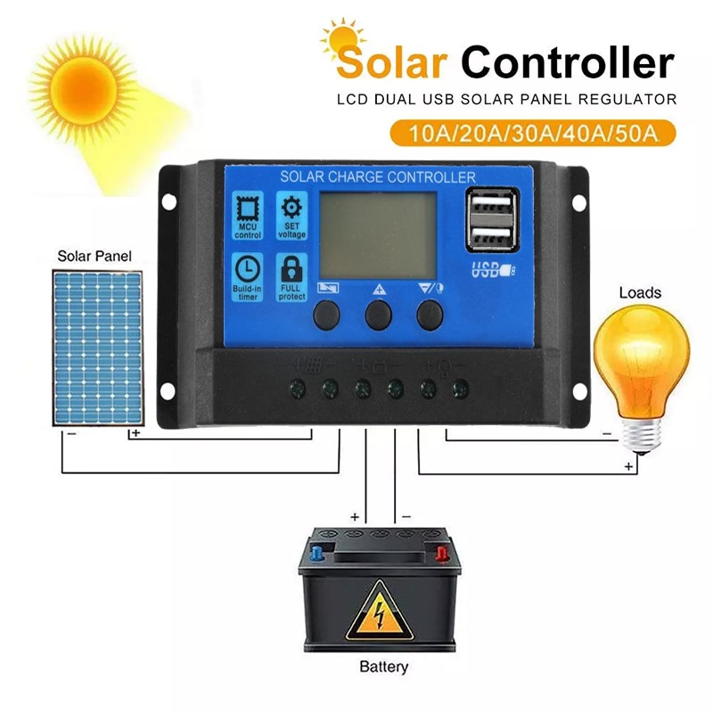 60A/50A/40A/30A/20A/10A 12V 24V Auto Solar Charge Controller PWM Controllers LCD Dual USB 5V Output Solar Panel PV Regulator