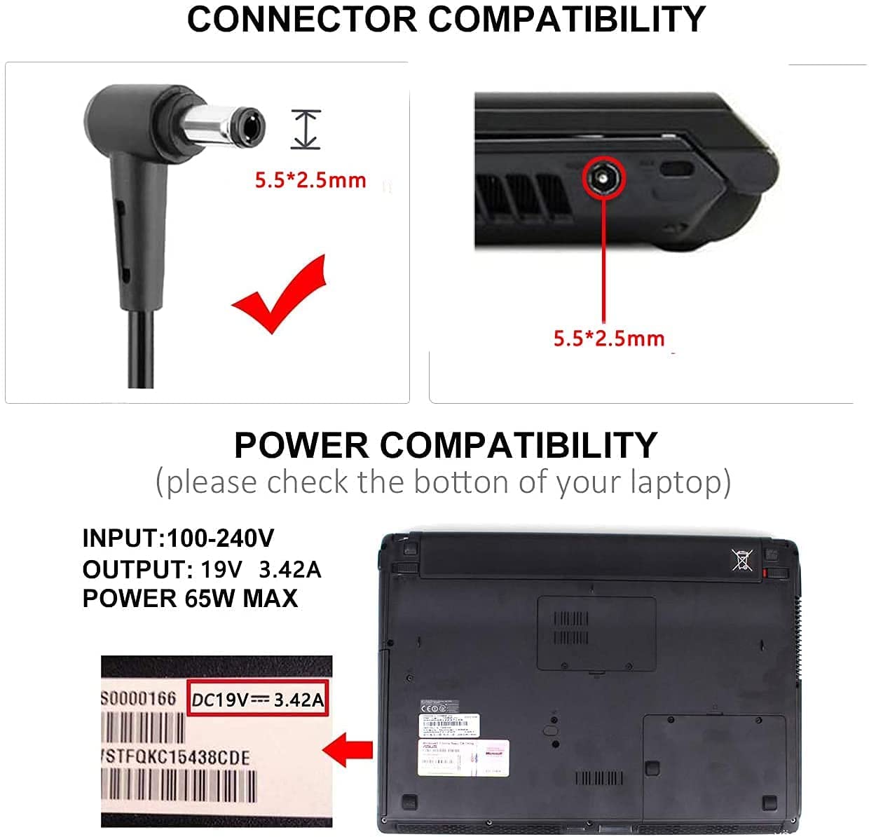 ASUS 19V 3.42A 5.5*2.5mm 65W Adapter do ASUS K52 K52F X555L F555 Toshiba V85 ładowarka do notebooka