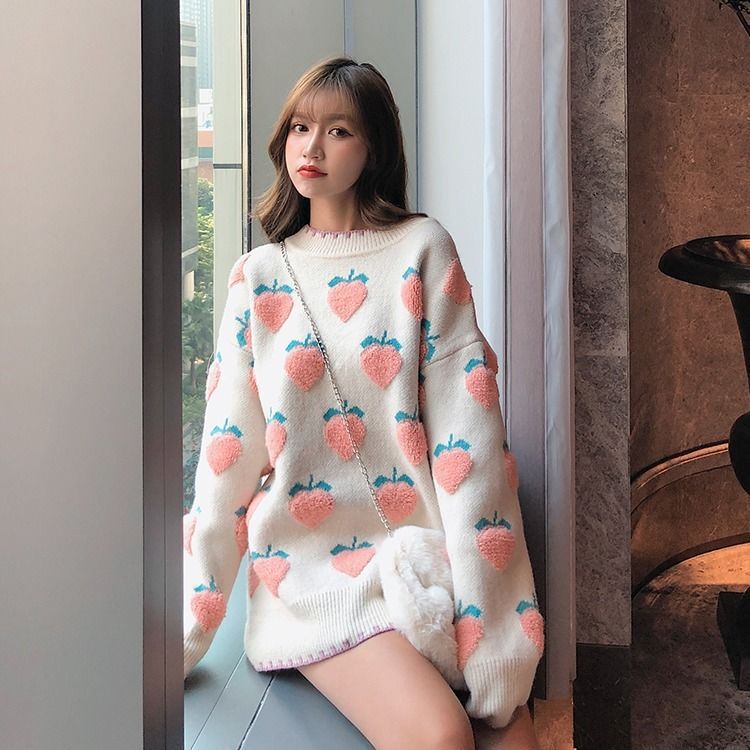 Primavera invierno dulce Lolita lindo Rosa dibujos animados fresa melocotón copo de nieve Knit mujeres Casual Pullover suéter suelto estilo largo Top