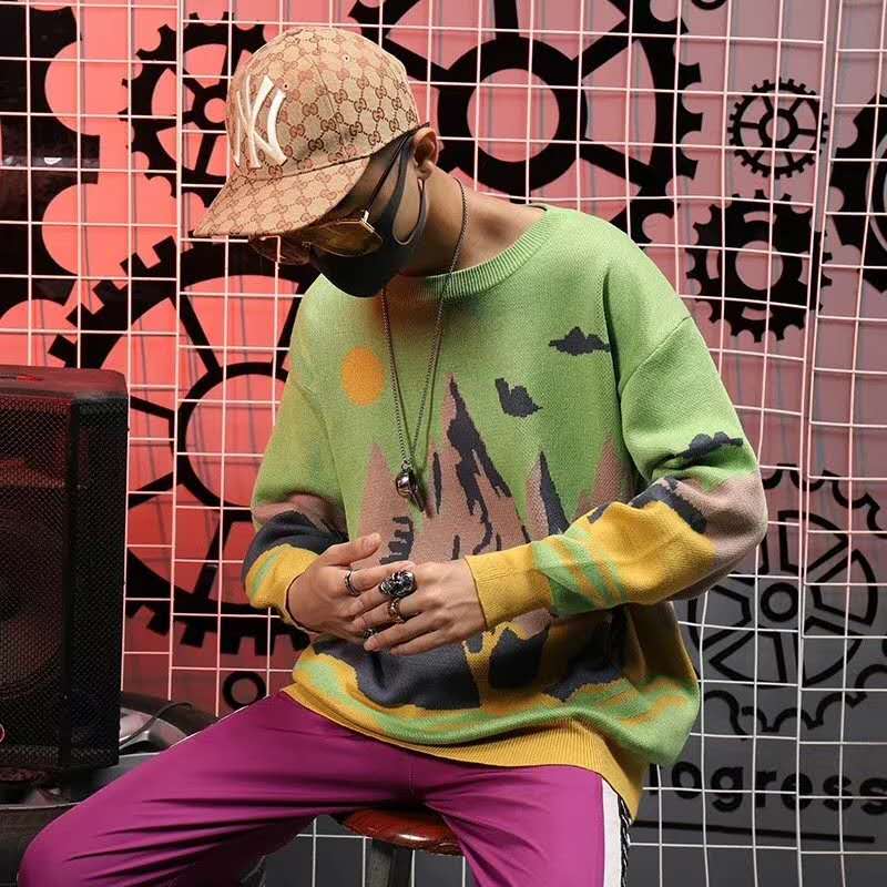 Talvi neuleet miesten villapaidat harajuku hip hop maisema maalaus rento miesten villapaidat ulkovaatteet katuvaatteet pusero