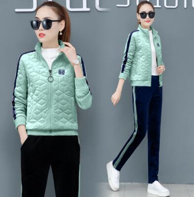 Autumn winter women velvet tracksuits two piece set large size zipper coat+pants womens plus size velour sets clothing 4XL: Green / M