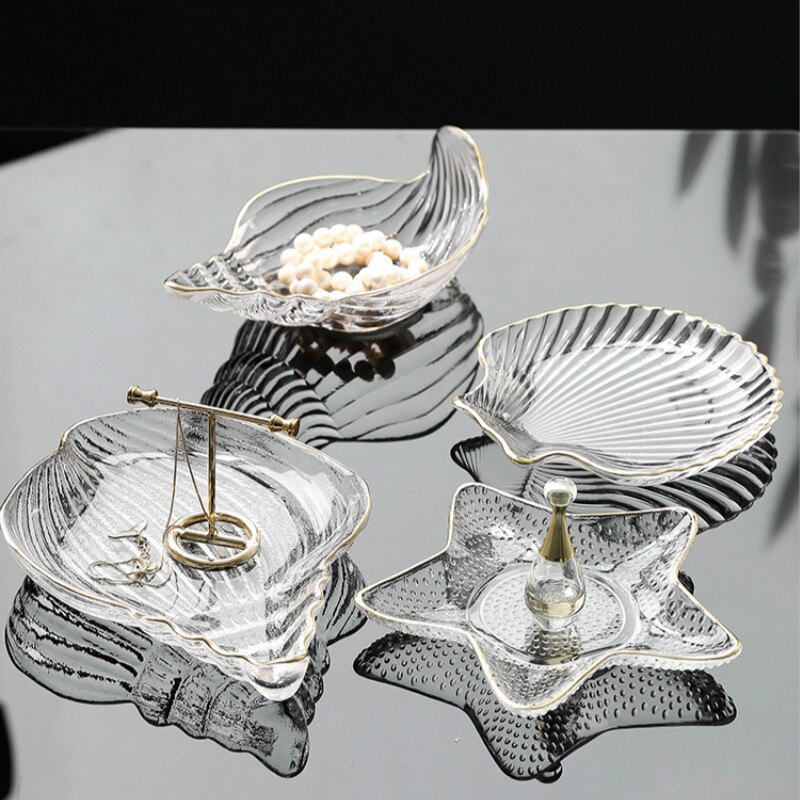 Jewelry Glass Plates and Bowls Set with Glod Rim Nordic Ocean Dessert Fruit Plate Jewelry Storage Tray Decorative Trinket Dish