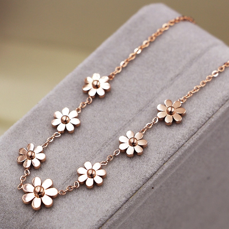 Titanium Steel Brand Jewelry 7 Daisy Anklets For Women Rose Gold Color Prevent Allergy Summer Jewelry