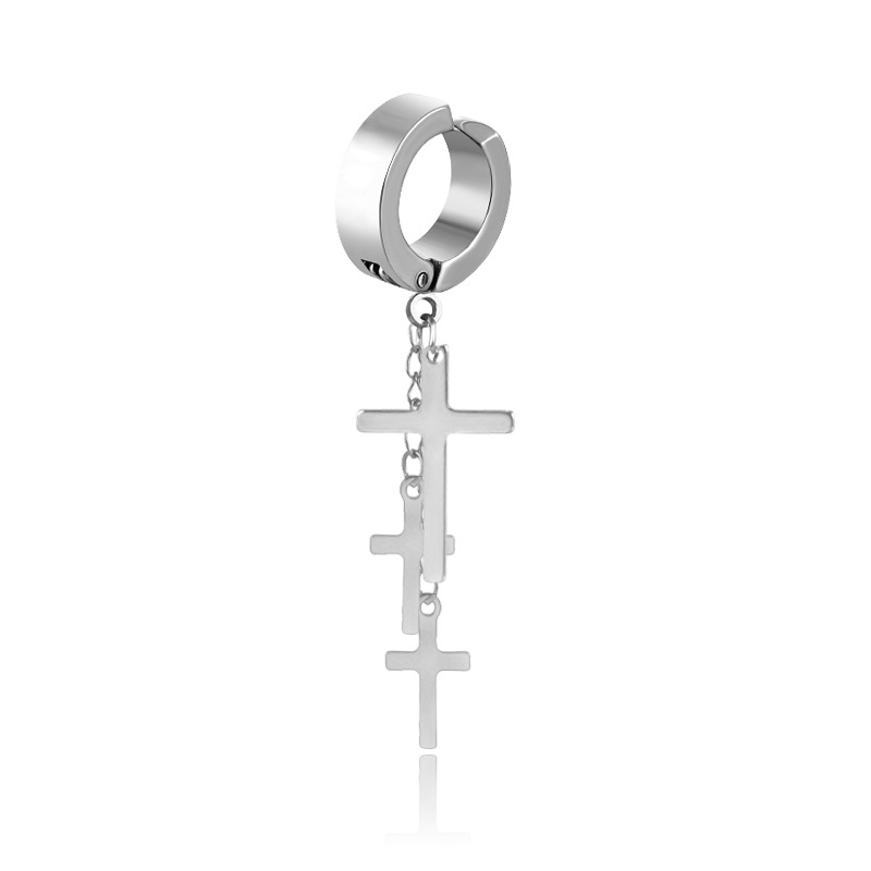 Punk Rock Titanium Steel No ear hole Earrings 3 Crosses Long Tassel Clip Earring Male Female Jewelry Black Silver Color