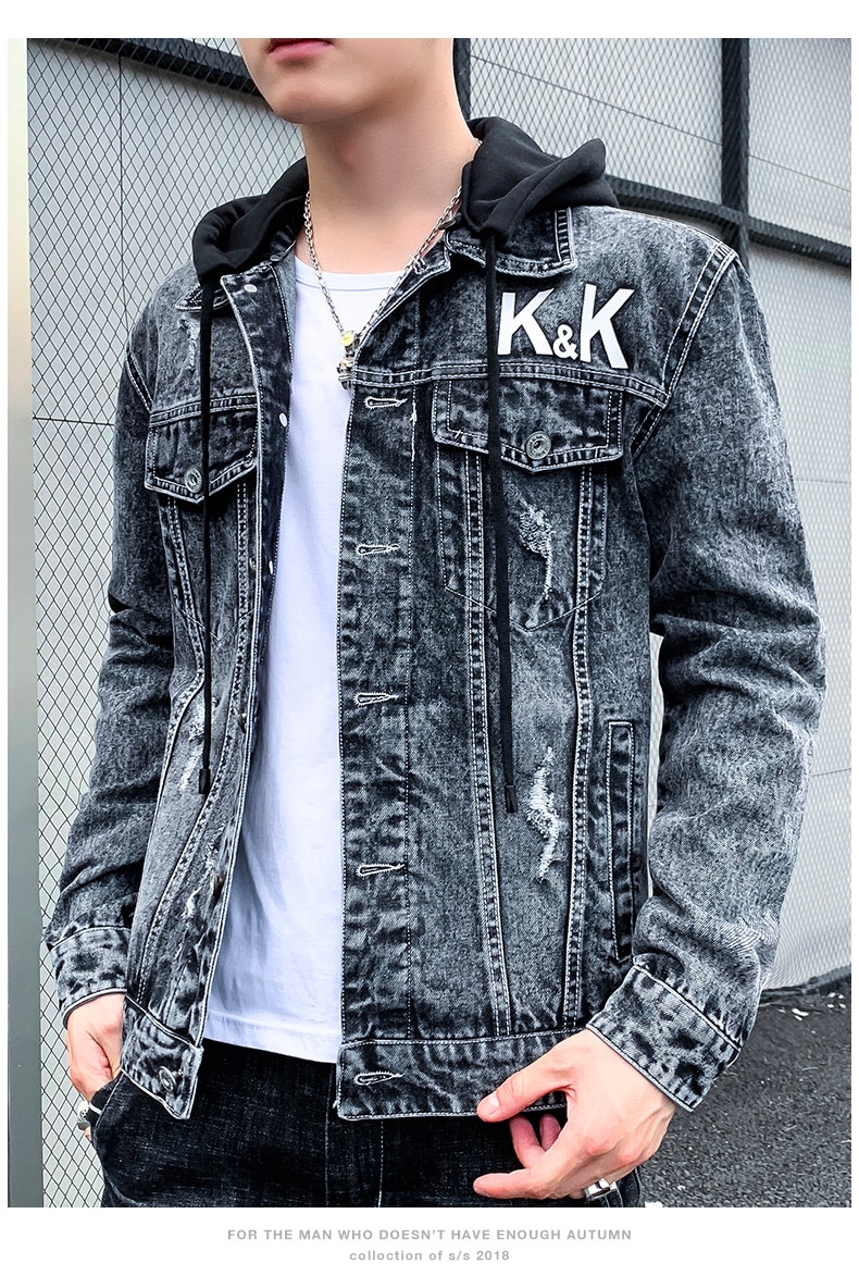 Thickness Men's Denim Jacket Hooded Detachable Ripped Decoration Single Breasted Pocket Spring Autumn Male Washable Coat