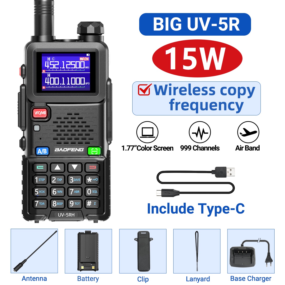 Baofeng UV 5RH 10W Air Band Walkie Talkie Long Range Wirless Copy Frequency Two Way Ham Radio Type-C Baofeng UV 5R Transceiver: Red / EU