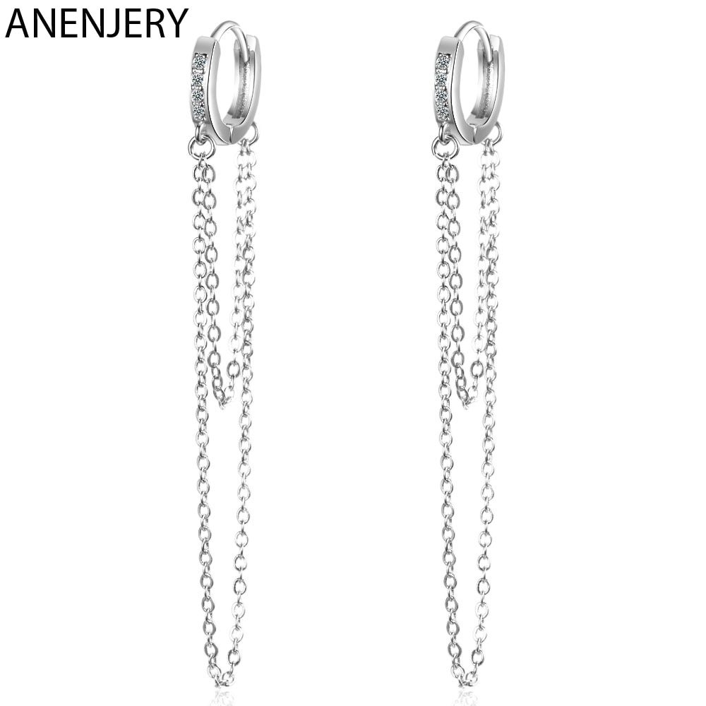 ANENJERY Sparkling Mosaic Cubic Zircon Tassel Chain Hoop Earrings Silver Color Ear Jewelry For Women S-E1111