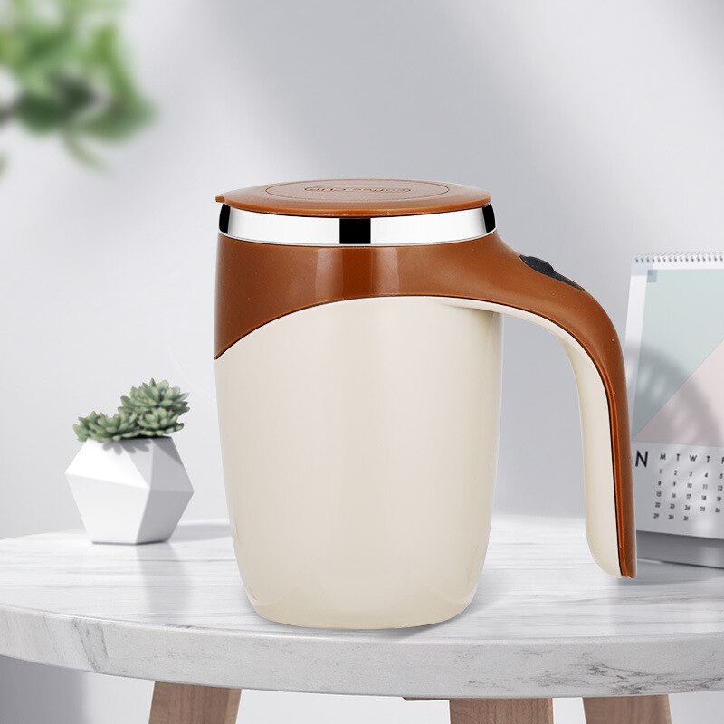 Taza automática de 380ml para café, leche y frutas, mezcladora eléctrica de acero inoxidable, giratoria, magnética: Brown