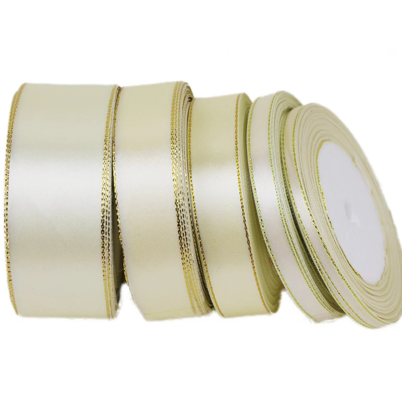 (25 yards/rol) beige gouden rand satijnen lint handgemaakte DIY cadeau kerstlinten (6/10/20/25/40 mm)
