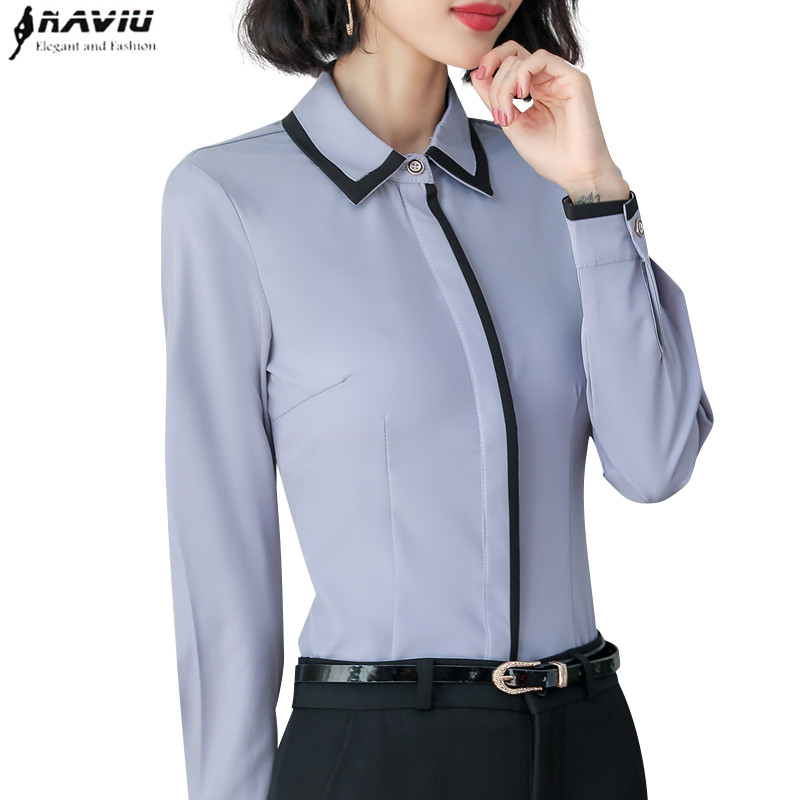 Tøj patchwork kvindeskjorte forår formel langærmet slim chiffon bluse kontor dame arbejdstøj plus size toppe
