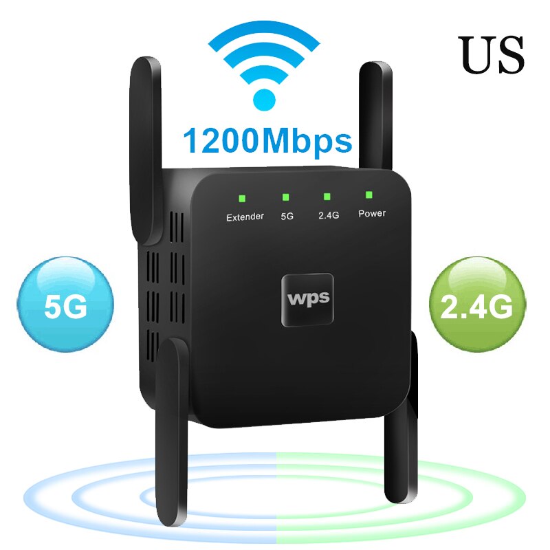 Wireless Wifi Extender WiFi Repeater Long Range Signal Repiter 360 Degree Full Signal Coverage 1200Mbps WiFi Router Amplifier: 1200 mbps Black US