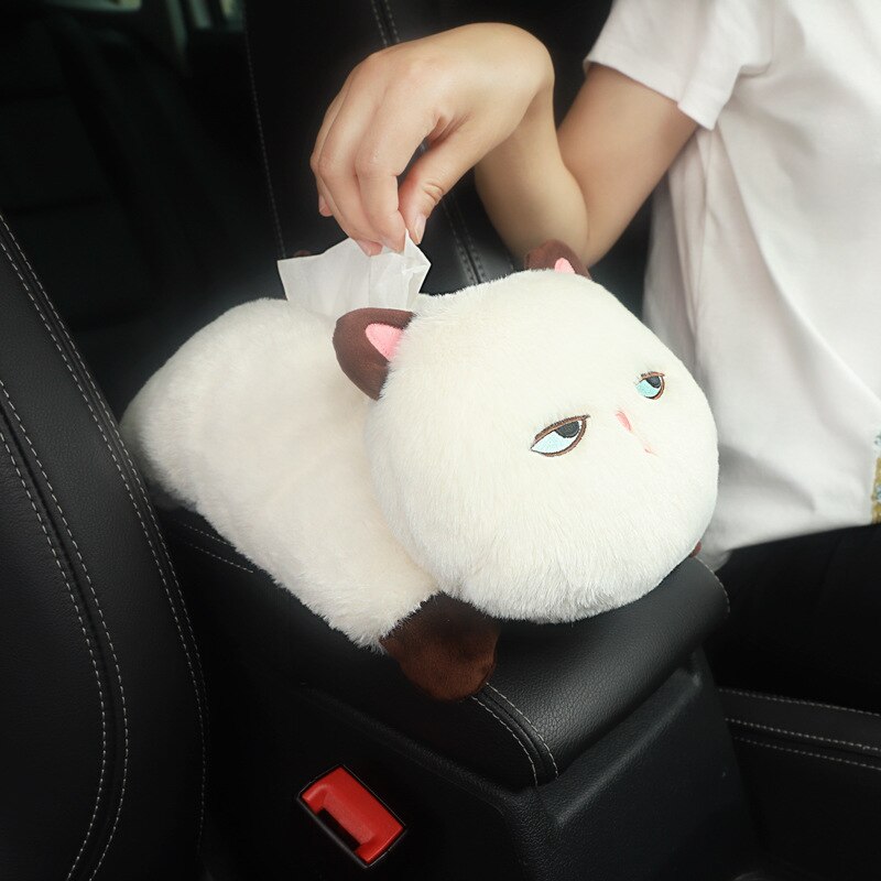Schattige uitdrukking miauw armsteun tissues doos knuffelkat cartoon papier extractie doos auto gemonteerde stoel hangend