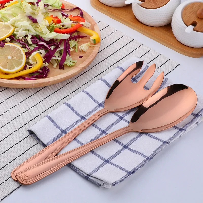 Stainless Steel Gold Salad Spoons Fork Cutlery Set Large Mixing Food Server Pasta Utensils Dinnerwar Kitchen Tableware Kit