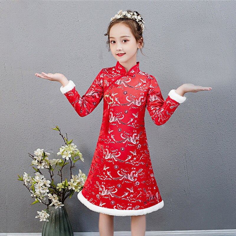 Hiver fleur fille robe pour mariage demoiselle d'honneur fête chinois Cheongsam robe fille fête d'anniversaire exécutant eucharistie robe