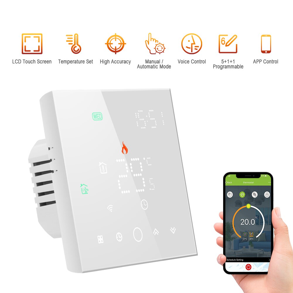 95-240V Programmable Thermostat 5+1+1 Six Periods Digital Water Heating Thermoregulator Temperature Controller Touch Screen LCD: White WIFi