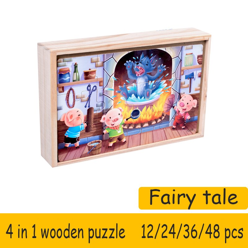 WYW – Puzzle 4 en 1 en bois pour enfants, avec boîte de rangement, grand modèle exquis, jouet Parent-enfant: Fairy tale opp