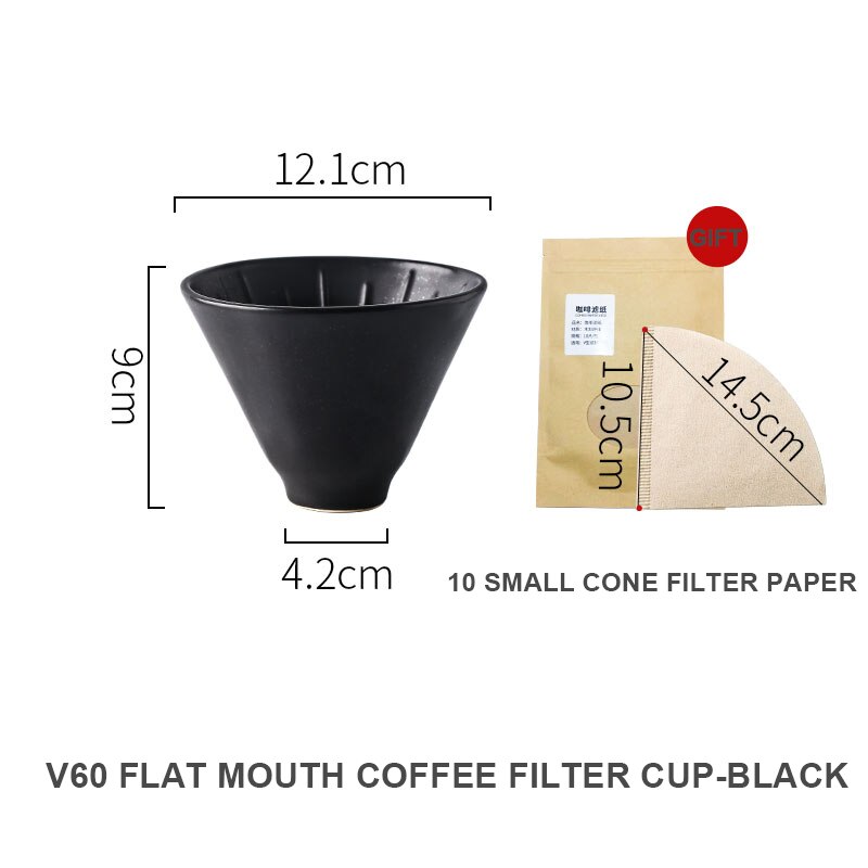 V60 espresso kaffefilter genanvendeligt keramik kaffedrypper tragt dryp kaffemaskine med holder kaffegrej kaffetilbehør: Fladfilter -sort