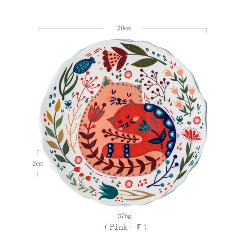 Plat de couleur en céramique dessin animé | Assiette ronde de couleur, style japonais peint à la main, chat chanceux, personnalité, vaisselle créative pour la maison, vaisselle nordique: Pink-F