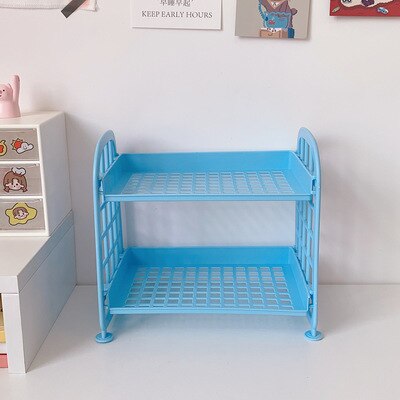 Support de rangement en plastique pour livres, coréen Ins, 2 couches, pour articles de papeterie cosmétique, de bureau, pliable, à monter soi-même: Blue