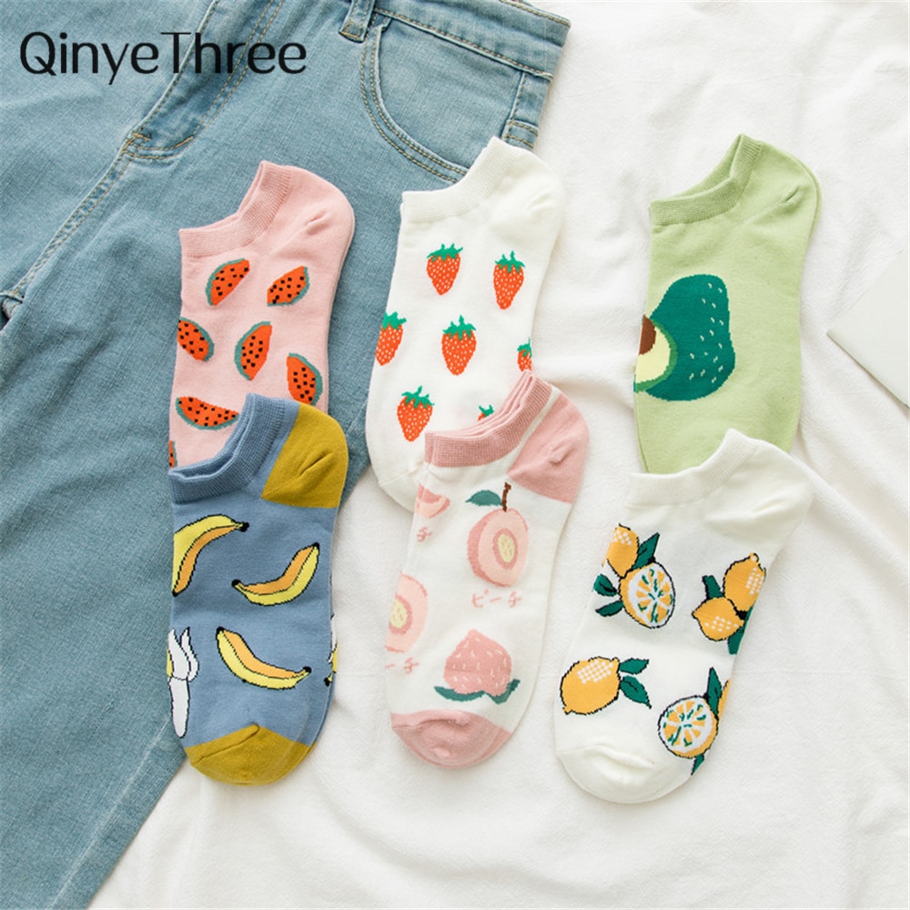 Girls summer funny cute cartoon happy fruit socks avocado strawberry watermelon banana lemon peach sokken