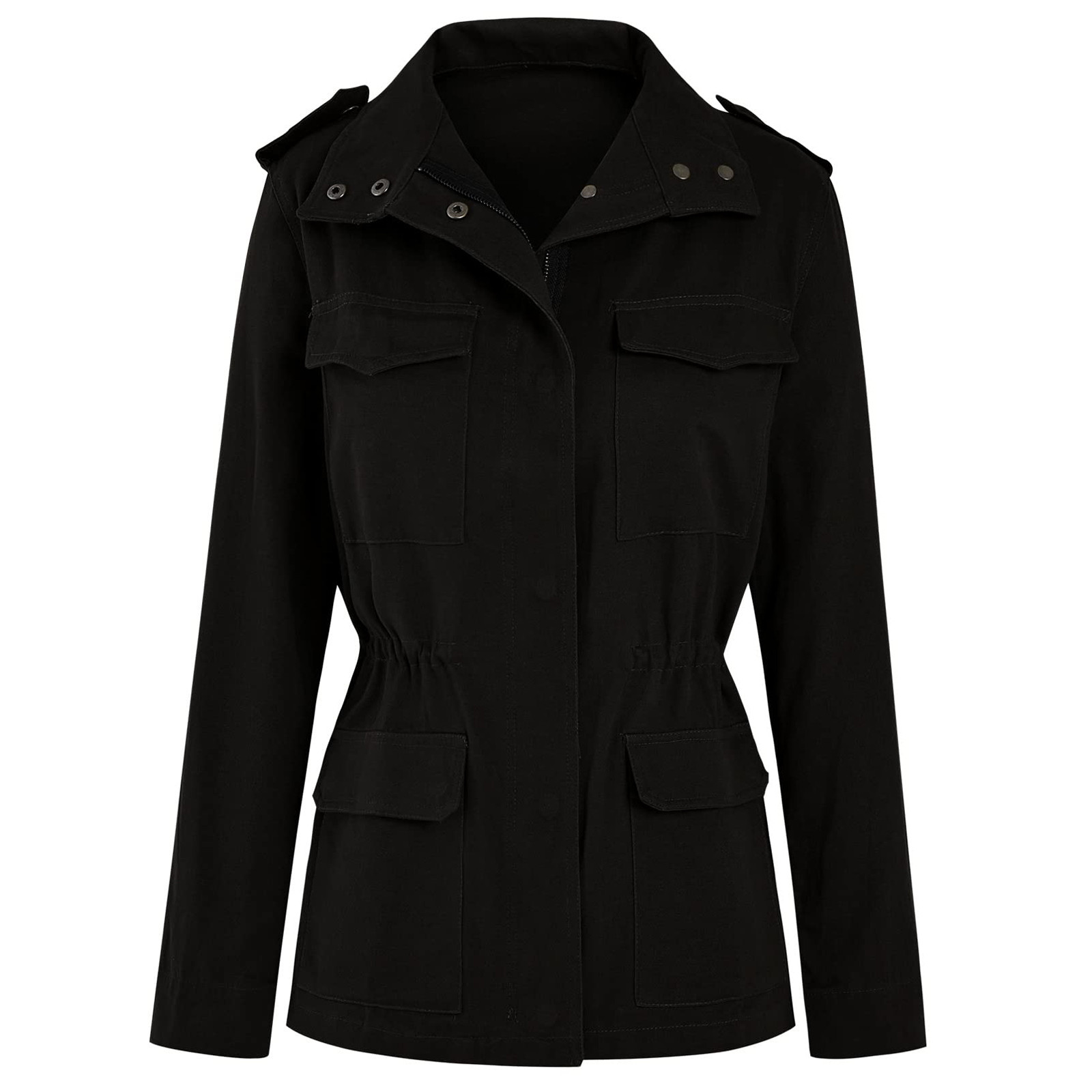 Autumn Women Waist Tunic Coats Retro Green Multi-Pocketed Jacket Turn-Down Collar Button Solid Color Outwear Coats: XXXL / black
