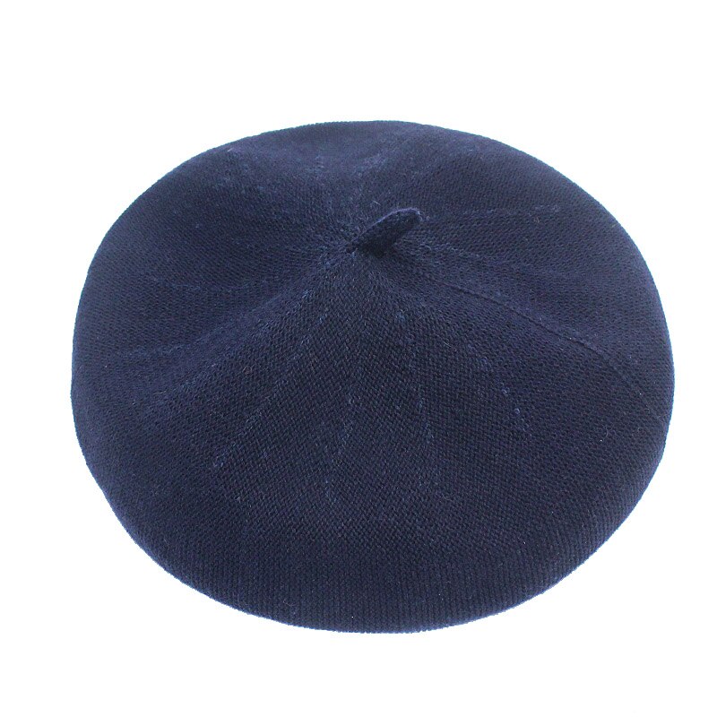 Forår og sommer åndbar hat damer bomuld og linned ensfarvet baret fransk kunstner strikket baret: Mørkeblå