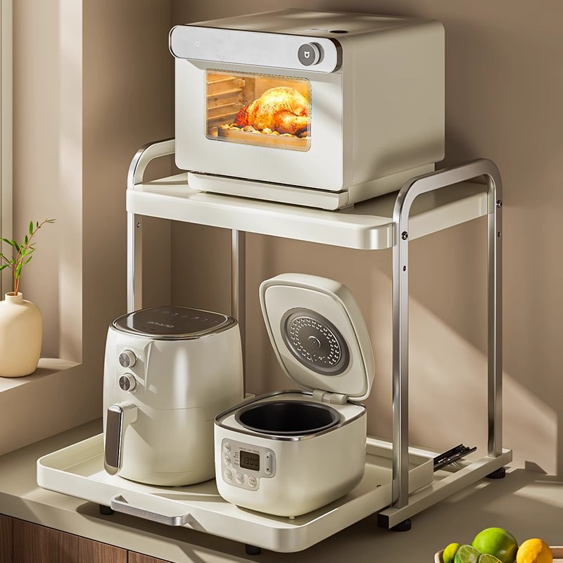 Stainless Steel Kitchen Microwave Stand - Pull-Out Oven & Air Fryer Organizer Rack, Space-Saving Countertop Shelf for Rice Cooke